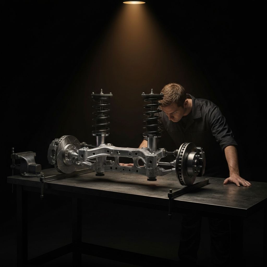 Senior engineer inspecting a precision automotive suspension component
